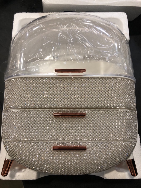 Photo 1 of MASSY Egg Shape(Oval) Makeup Storage Box, Countertop Portable Vanity Cosmetics Organizer Preppy Style (Rhinestone White)