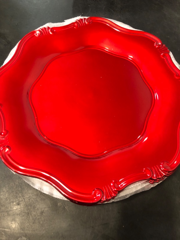 Photo 1 of ZOOFOX Set of 12 Red Charger Plates, 13" Metallic Scalloped Charger for Dinner Plate, Decorative Service Plates for Christmas Tabletop Holiday Wedding Catering Event Decor