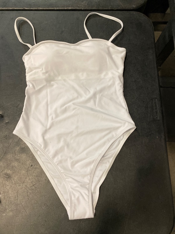 Photo 1 of (M) RELLECIGA Women's White High Cut Bandeau One Piece Swimsuits with Adjustable Shoulder Straps Size Medium
