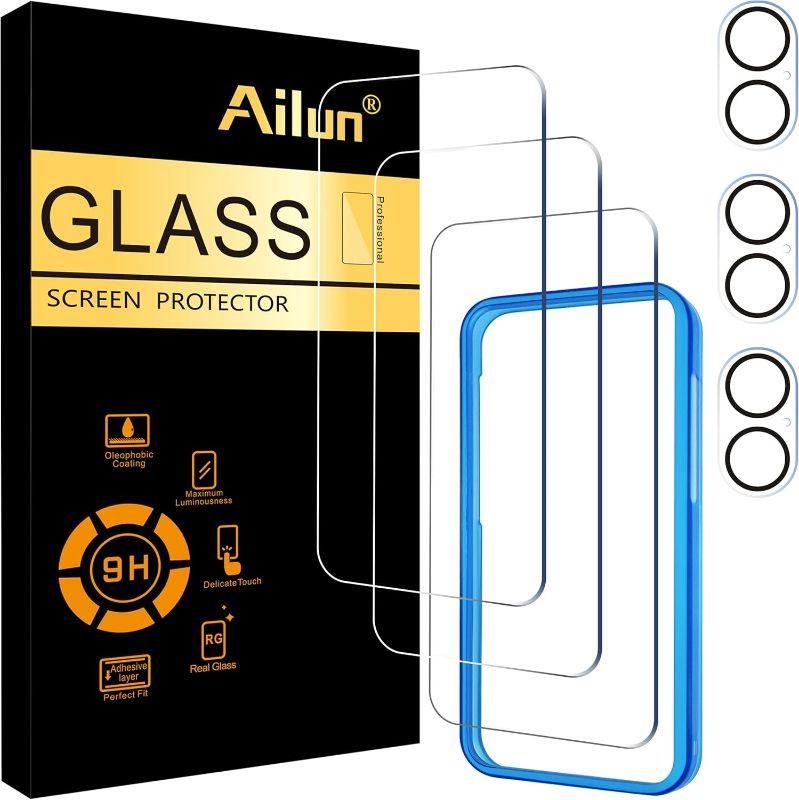 Photo 1 of Ailun 3 Pack Screen Protector for iPhone 16 Plus [6.7 inch] + 3 Pack Camera Lens Protector with Installation Frame,Case Friendly Tempered Glass Film,[9H Hardness] - HD
