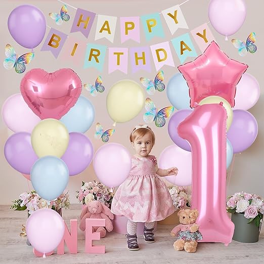 Photo 1 of 1st Birthday Decoration for Girls, Pastel Macaron 1st Birthday Balloon, Pink Number 1 Balloon with Butterfly Stickers, Star Heart Foil Balloons Banner Set for Baby 1 Year Old Birthday Party Decor