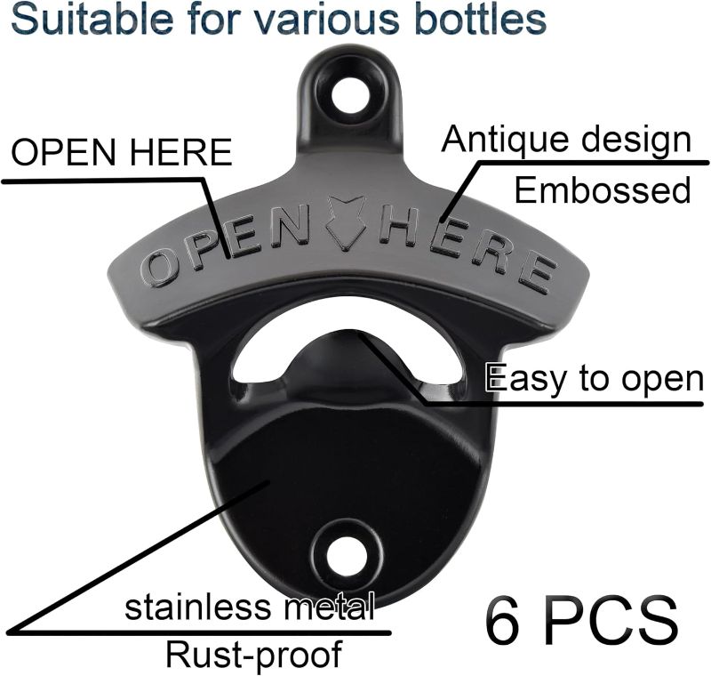 Photo 1 of 6 Pack Black Bottle Cap Opener Wall Mounted Cast Iron Beer Bottle Opener, Stationary Bottle Top Opener Open Here Embossed 