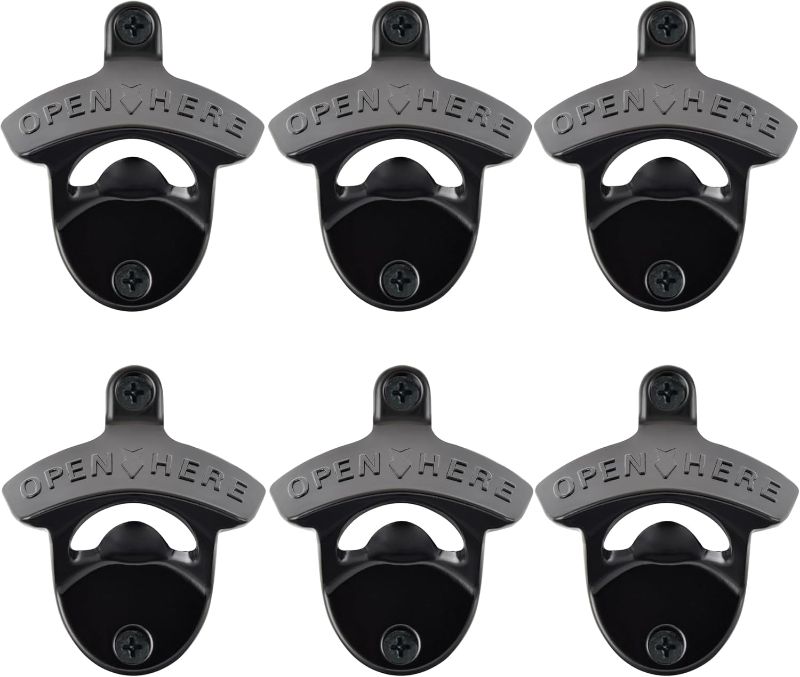 Photo 1 of 6 Pack Black Bottle Cap Opener Wall Mounted Cast Iron Beer Bottle Opener, Stationary Bottle Top Opener Open Here Embossed