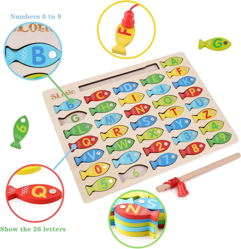 Photo 1 of Slotic Magnetic Wooden Fishing Game Toy for Toddlers - Alphabet ABC Fish Catching Counting Learning Education Math Preschool Board Games Toys Gifts for 3 4 5 Years Old Girl Boy Kids