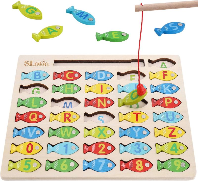 Photo 1 of Slotic Magnetic Wooden Fishing Game Toy for Toddlers - Alphabet ABC Fish Catching Counting Learning Education Math Preschool Board Games Toys Gifts for 3 4 5 Years Old Girl Boy Kids
