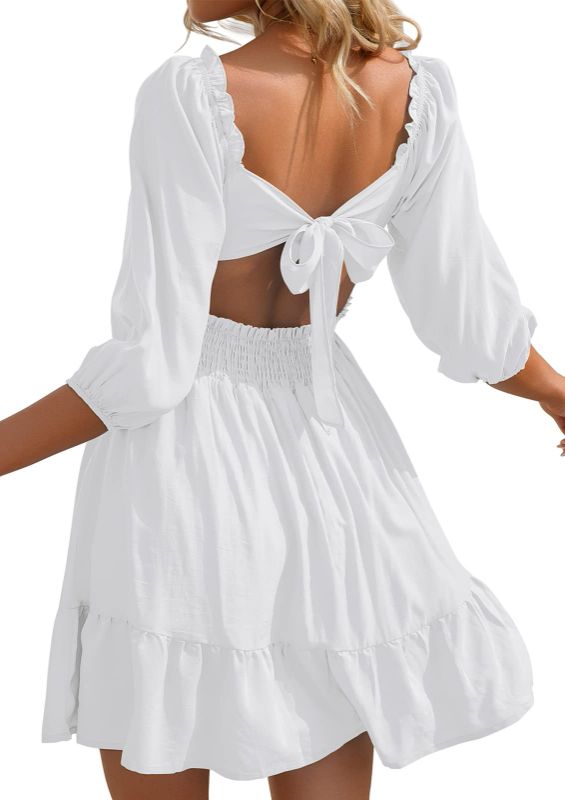 Photo 1 of (XL) Phortric Womens Summer Tie Back Dress Square Neck Lantern Sleeve Off Shoulder A-Line Casual Mini Dresses(White, X-Large)