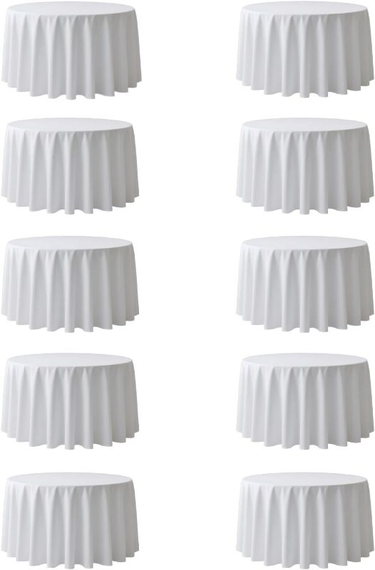 Photo 1 of Surmente 132 inch round tablecloths -10 Pack White Round Table Cloths, Polyester Fabric Table Covers for Weddings, Banquets, or Restaurants