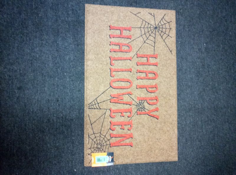 Photo 1 of 1'6"x2'6" 'Happy Halloween' Faux Coir Doormat with Spiderwebs Orange/Black - Hyde and EEK! Boutique