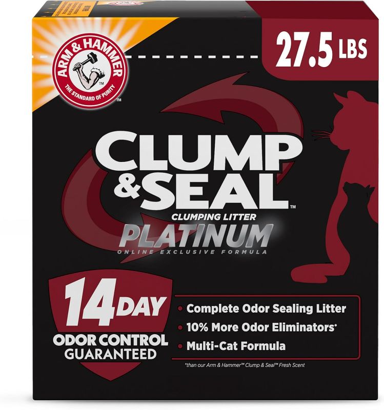 Photo 1 of ARM & HAMMER Clump & Seal Platinum Cat Litter, Multi-Cat, 14-Day Odor Control, Rock-Hard Clumps, 27.5 lbs – Powerful Odor Eliminator with Baking Soda