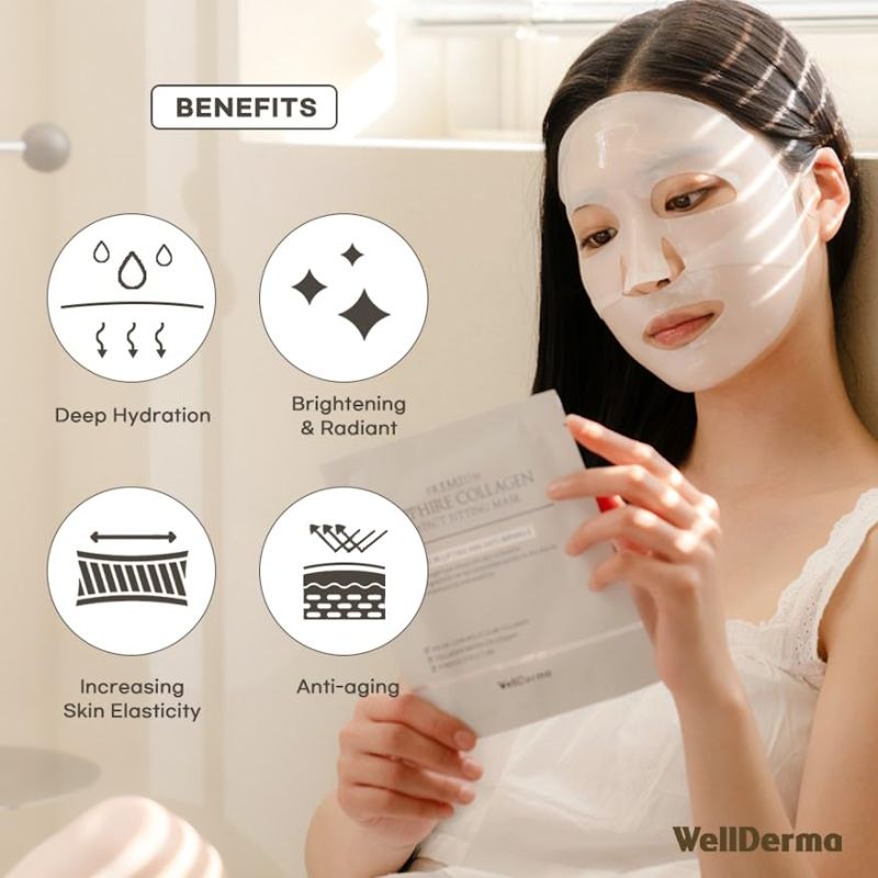 Photo 1 of WELLDERMA Sapphire Collagen Impact Fitting Mask, Hydrating Hydrogel Face Mask for Dry Skin, With Niacinamide and Marine Collagen, 4pcs