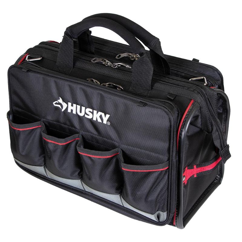 Photo 1 of Husky 18 in. Tech Tool Bag - Dimensions: 11 in. x 18 in. x 13 in. -Water-resistant 1680 denier material to withstand tough condition -
Five heavy-duty feet protect the base