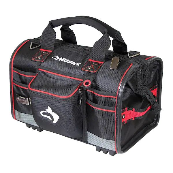 Photo 1 of Husky 18 in. 41 Pocket Heavy Duty Large Mouth Tool Bag with Tool Wall