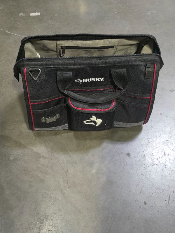 Photo 1 of Husky 18 in. 41 Pocket Heavy Duty Large Mouth Tool Bag with Tool Wall