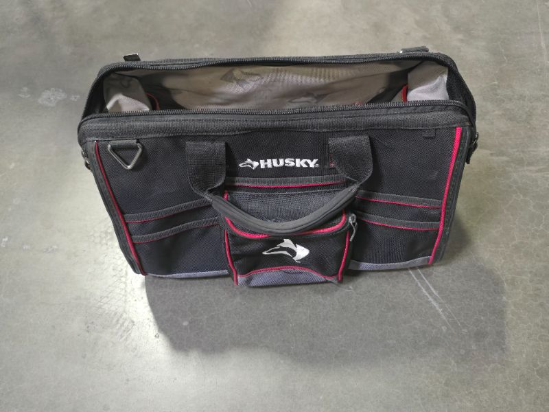 Photo 1 of Husky 18 in. 41 Pocket Heavy Duty Large Mouth Tool Bag with Tool Wall