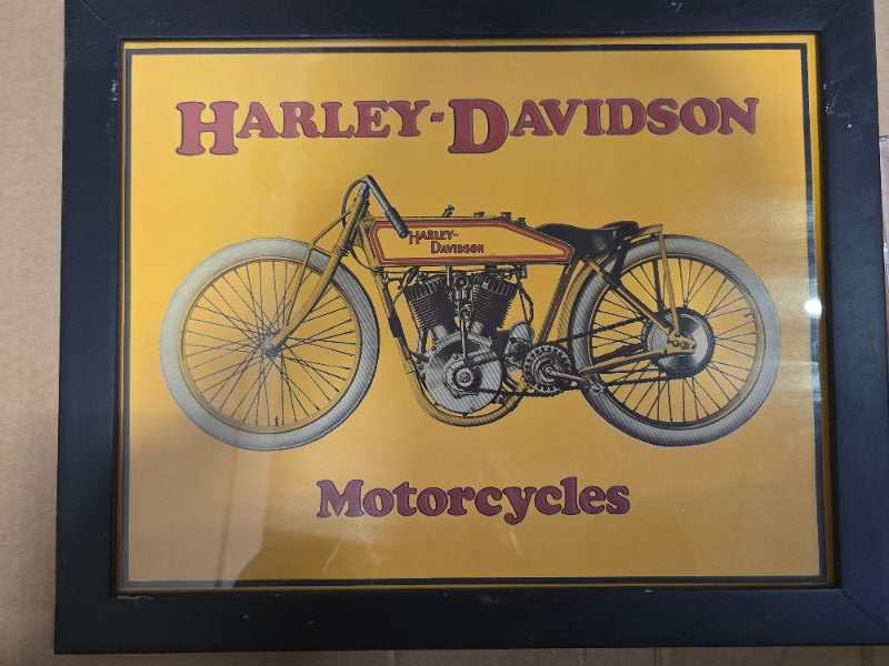 Photo 1 of Framed Harley Davidson Motorcycle Sign W/ Vintage Motorcycle - Comes With Stand & Wall Hangs