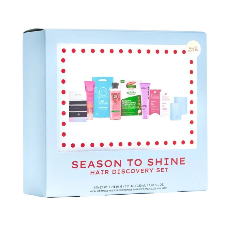 Photo 1 of Season to Shine Hair Styling Discovery Set - 9 Pc - Mane Magic 10-in-1 Shine Mask - Gimme Hair Bands – Curlers - Rose Hips Smooth Shampoo- Pure Peace Conditioner & Shampoo - Pineapple Swirl Curl Defining Cream - Bonding Conditioning Masque - Vegan Hair Vi