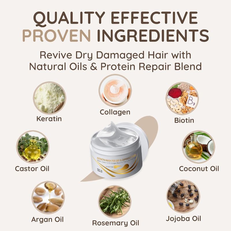 Photo 1 of VITAMINS hair cosmetics Keratin Hair Mask, Protein Repair Treatment, Deep Conditioner for Damaged, Dry, Curly & Frizzy Hair with Biotin & Castor Oil, Intense Collagen Treatment - 8.5 Fl Oz