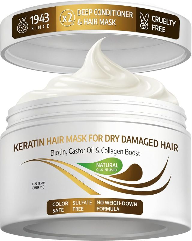 Photo 1 of VITAMINS hair cosmetics Keratin Hair Mask, Protein Repair Treatment, Deep Conditioner for Damaged, Dry, Curly & Frizzy Hair with Biotin & Castor Oil, Intense Collagen Treatment - 8.5 Fl Oz