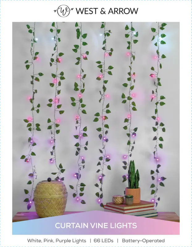 Photo 1 of 3.5 Ft x 5Ft Tall LED Vine Curtain String Lights Warm White - West & Arrow - 66 LED, 6 Strands - White, Purple, Pink Lights Batteries Not Included 