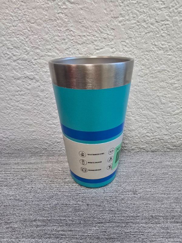 Photo 1 of Stanley 16 Oz Stainless Steel Stacking Pint Aquamarine Striped: BPA-Free Drinkware for Cold Beverages, Dishwasher-Safe