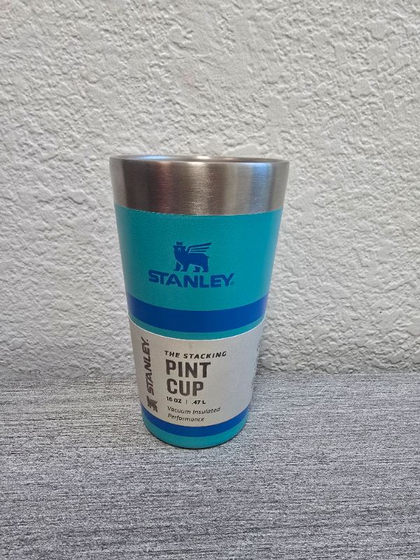 Photo 1 of Stanley 16 Oz Stainless Steel Stacking Pint Aquamarine Striped: BPA-Free Drinkware for Cold Beverages, Dishwasher-Safe