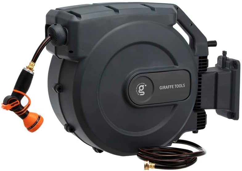 Photo 1 of Giraffe Tools AW505/8 Retractable Garden Hose Reel 5/8" x 115+5 ft, Heavy Duty Wall Mounted Water Hose Reel Automatic Rewind, 180 Deg Swivel Bracket, Slow Retraction, 115ft, Dark Grey