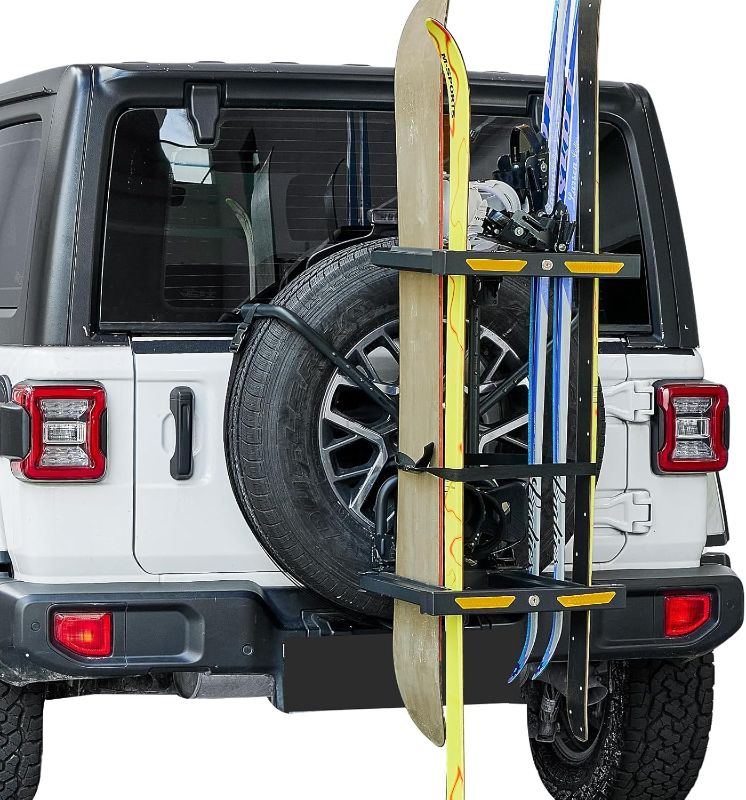 Photo 1 of JOYTUTUS Spare Tire Ski Snowboard Rack with Security Lock Folding for Wrangler Gladiator Bronco SUV, Max Load 6 Pairs of Skis or 4 Snowboards, Fit 31.5"-32.5" Spare Tire