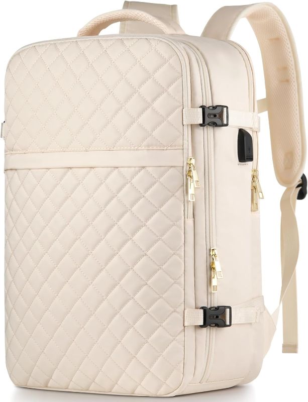 Photo 1 of MOMUVO Large Travel Backpack Women, Flight Approved Carry On Backpack, Water Resistant Anti-Theft Large Casual Daypack Fit 17 Inch Laptop with USB Charging Port, Beige