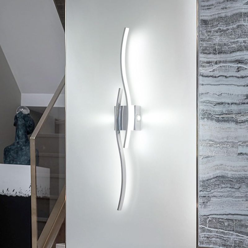 Photo 1 of Modern Led Wall Sconces, 32inch Bathroom Mirror Vanity Light, 28W 6000K Wall Light Fixtures Stair Lights, Indoor Wall Decor Bedside Wall Lamp for Bedroom Living Room Hallway Hotel - Silver