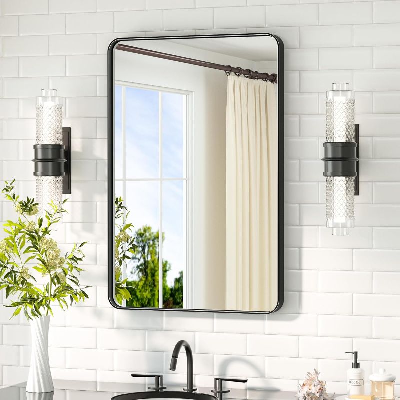 Photo 1 of TETOTE Black Bathroom Mirror 20 x 30 Inch Matte Black Bathroom Mirrors, Tempered Glass, Modern Farmhouse Wall Mounted Mirror for Decorative(Horizontal/Vertical)