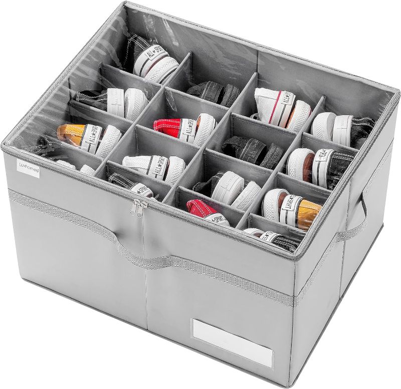 Photo 1 of Shoe Organizer for Closet, Fits 16 Pairs, Large Shoe Box Storage Containers, Clear Foldable Shoe Storage Bins w/Bottom Support, Space Saving Shoes Holder w/Reinforced Handles, Gray