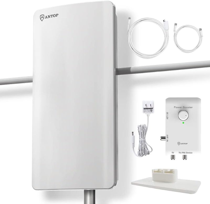 Photo 1 of ANTOP HDTV  FM Amplified Antenna 85 Miles AT-800SBS with Dual Outputs Smart Boost System, Support TV and Second Device-FM Stereo, a Second TV or Any OTA-Ready Streaming Device or Projector