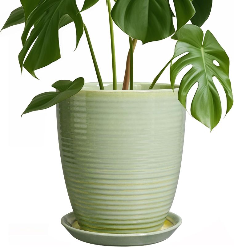 Photo 1 of Ceramic Pots for Plants - Modern Round 8 Inch Planter with Drainage Hole and Plant Saucer for Flower Indoor Outdoor, Home Decor, House Warming Gifts, Green