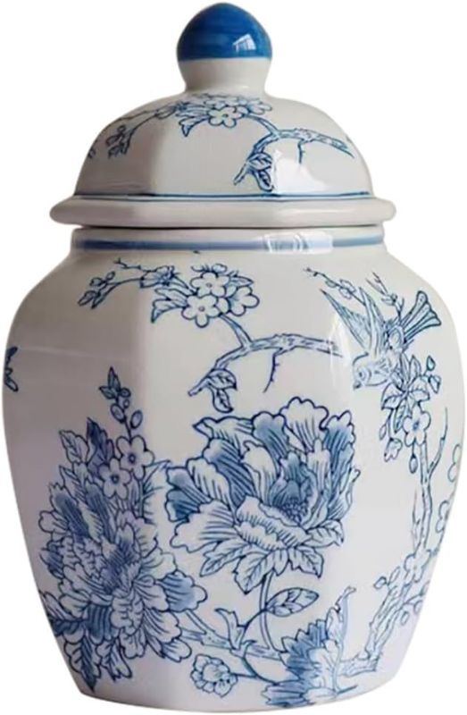 Photo 1 of 12 inches Ginger Jar Lid- Blue flowers bird Ceramic Decorative with Lid flower vase? Light grey chinoiserie gift large ginger jars for Home/Kitchen/Dining/living room/shelf
