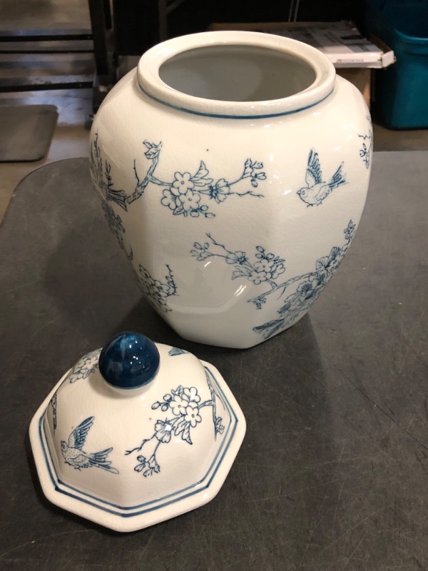 Photo 1 of 12 inches Ginger Jar Lid- Blue flowers bird Ceramic Decorative with Lid flower vase? Light grey chinoiserie gift large ginger jars for Home/Kitchen/Dining/living room/shelf