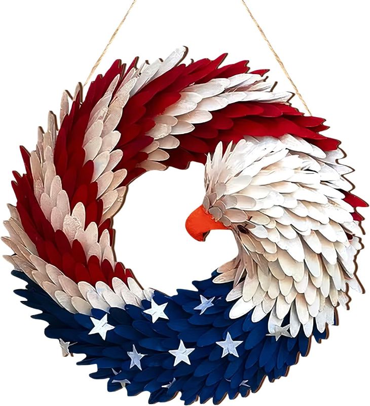 Photo 1 of 4th of July Wreath for Front Door, Jaxbo 2025 New Patriotic Wreath Handmade Eagle Wreaths, Red White and Blue Flag Wreaths Festival Garland Decoration Front Door Wall Home Decor