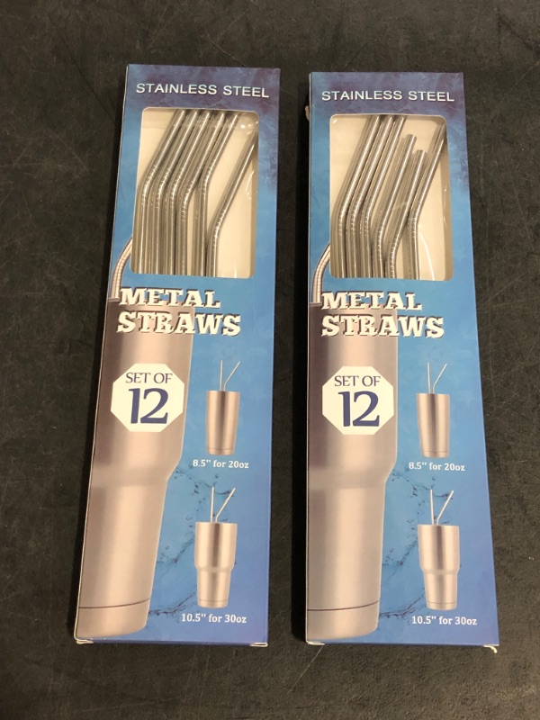 Photo 1 of 2 Pack of Hiware 12-Pack Reusable Stainless Steel Metal Straws with Case - Long Drinking Straws for 30 oz and 20 oz Tumblers Dishwasher Safe - 2 Cleaning Brushes Included