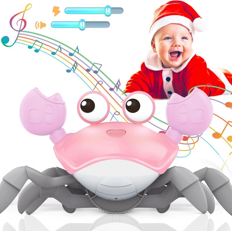Photo 1 of Crawling Crab Baby Toy, Tummy Time Girl Gifts for Babies 3-6 6-12 Month, Light-Up Walking Dancing Moving Crab with Music & Obstacle Avoidance, Rechargeable Musical Toys 1 Year Old Girls Gift (Pink)