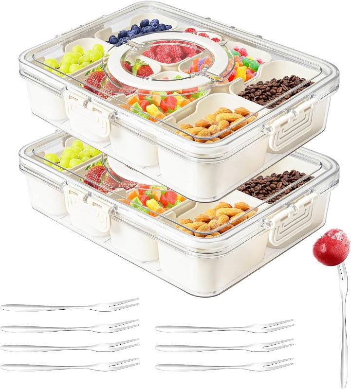 Photo 1 of Snackle Box Container,Portable Snack Box 8 Compartment Divided Serving Tray with Lid and Handle,Clear Storage Organizer for Fruit Candy Nuts Veggie-Perfect for Road Travel Party 2 Pack