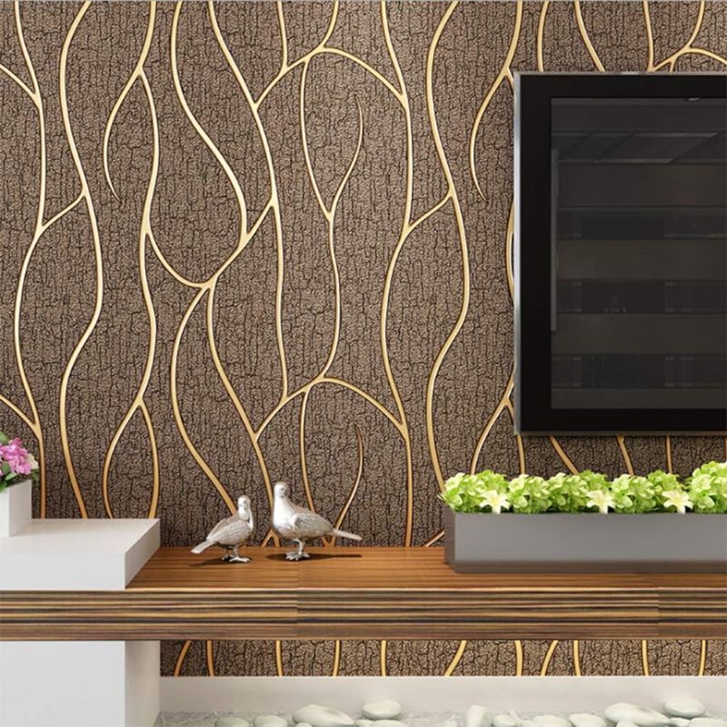 Photo 1 of QIHANG Modern 3D Thick Non-Woven Imitation Deerskin Deep Embossed Curve Pattern Living Room/TV Background Wallpaper Roll 1.73' x 32.8'=57 Square feet (Brown)