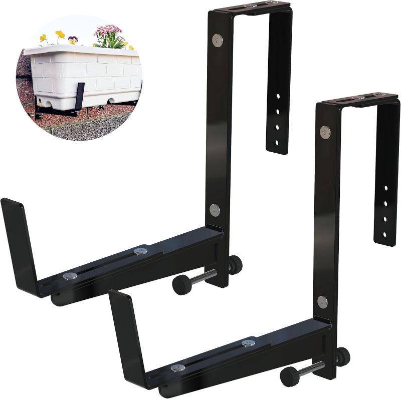 Photo 1 of Window Box Brackets for Railing- 2 Pcs Adjustable Planter - Sturdy, Stable Flower Box Brackets for Railings, Balconies and Fences- Upright Railing Plant Holder (Black 2 Pack)