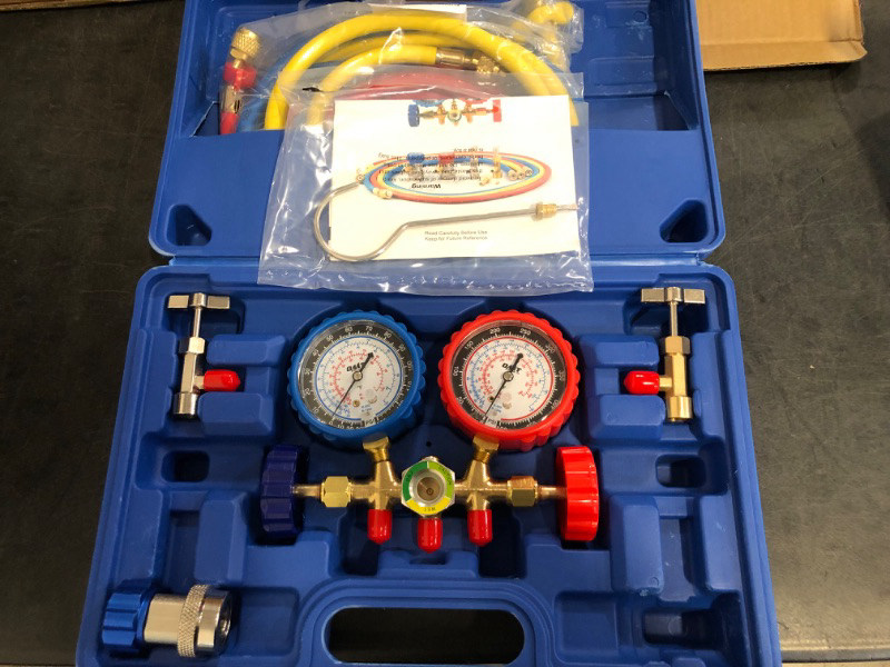 Photo 1 of Orion Motor Tech AC Gauges, AC Manifold Gauge Set for R134a R12 R502 Refrigerant, 3 Way Car with 5FT Hoses Couplers & Adapter, Puncturing & Self Sealing Can Tap Freon Charge Kit