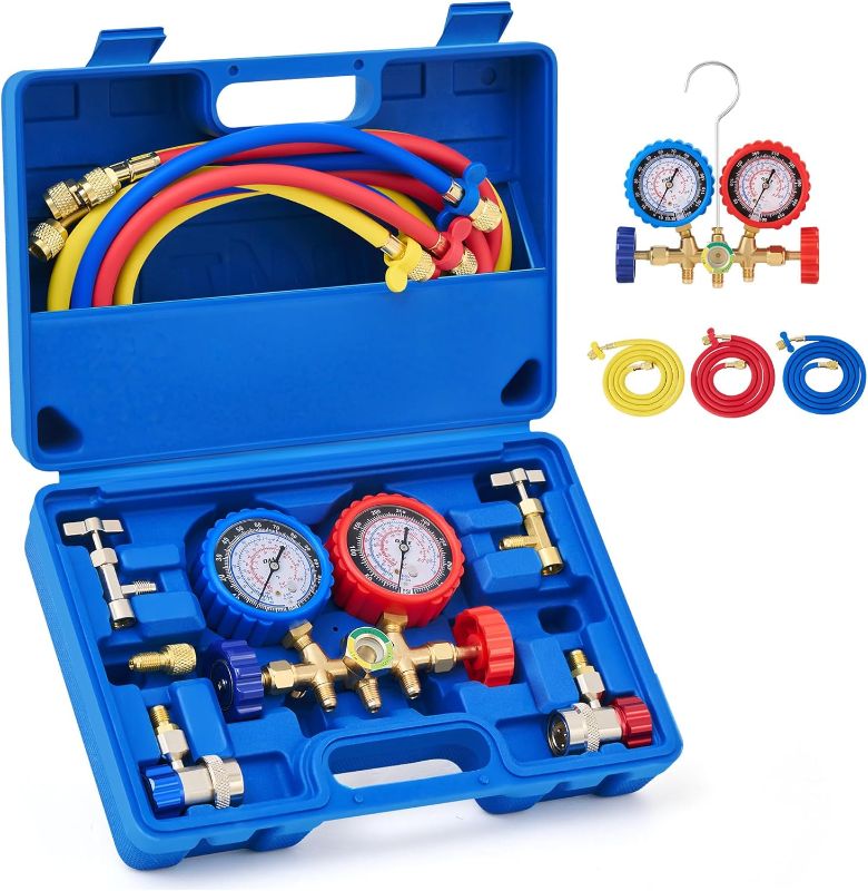 Photo 1 of Orion Motor Tech AC Gauges, AC Manifold Gauge Set for R134a R12 R502 Refrigerant, 3 Way Car with 5FT Hoses Couplers & Adapter, Puncturing & Self Sealing Can Tap Freon Charge Kit