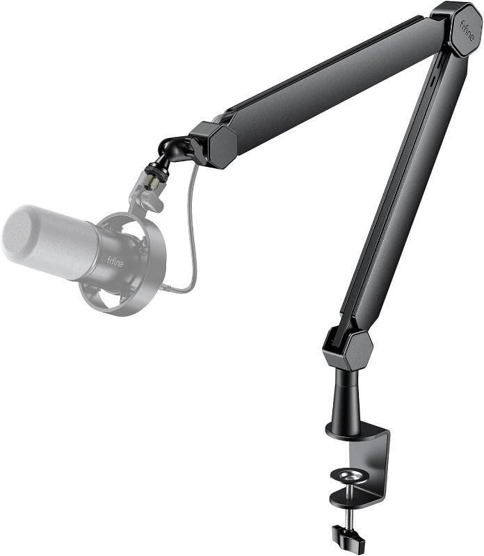 Photo 1 of FIFINE Mic Arm Stand, Microphone Boom Arm with Desk Clamp, Cable Channels, 3/8" to 5/8" Threads, Heavy Metal Microphone Stand for Podcast, Vocal Recording, Gaming-BM66 Black