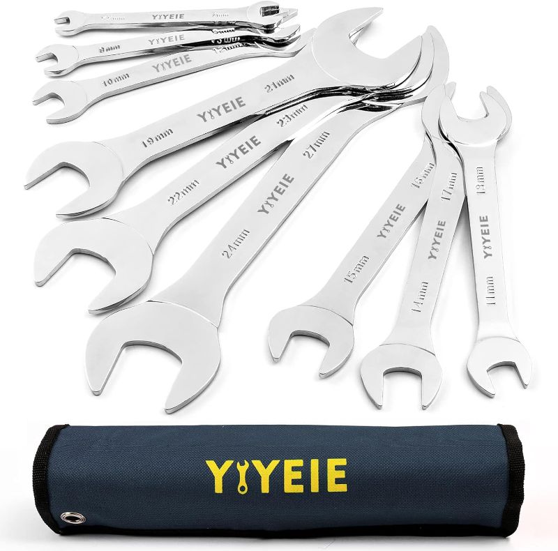Photo 1 of 9Pc. Super-Thin Open End Wrench Set, Metric 5.5, 7, 8, 9, 10, 11, 12, 13, 14, 15, 16, 17, 19, 21, 22, 23, 24, 27 mm, CR-V Steel, Ultra-Slim Flat Wrench Set with Roll-up Pouch