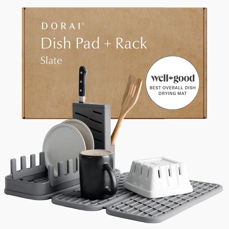 Photo 1 of Dorai Home Collapsible Drying Rack and Stone Dish Pad – Foldable Dish Drying Rack with Instant-Dry Stone Mat – Space-Saving Collapsible Drainer Rack for Kitchen Counter - 19.9" x 15.2" (Slate)