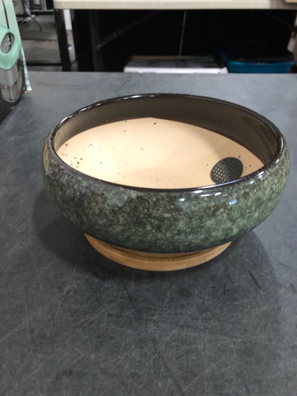 Photo 1 of 8 Inch Ceramic Bonsai Planter Pot, Glazed Shallow Succulent Planter with Drainage Hole and Bamboo Saucer for Indoor Plants, Green