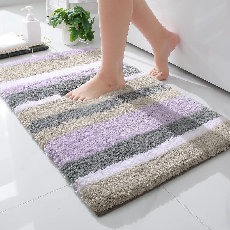 Photo 1 of Buganda Microfiber Striped Bathroom Rugs Bath Mat, Extra Thick, Soft and Shaggy, Absorbent, Machine Washable, Bath Rugs for Bathroom, Tub and Shower, 30x20 Inches, Purple-Grey
