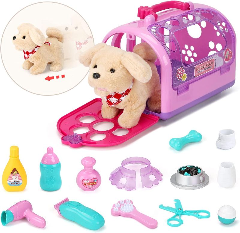 Photo 1 of Pet Care Play Set Electric Vet Play Set-Walking,Barking,Tail Wagging Little Plush Dog Grooming Toys with Puppy Carrier Feeding Dog Educational Toys for Toddler Kids