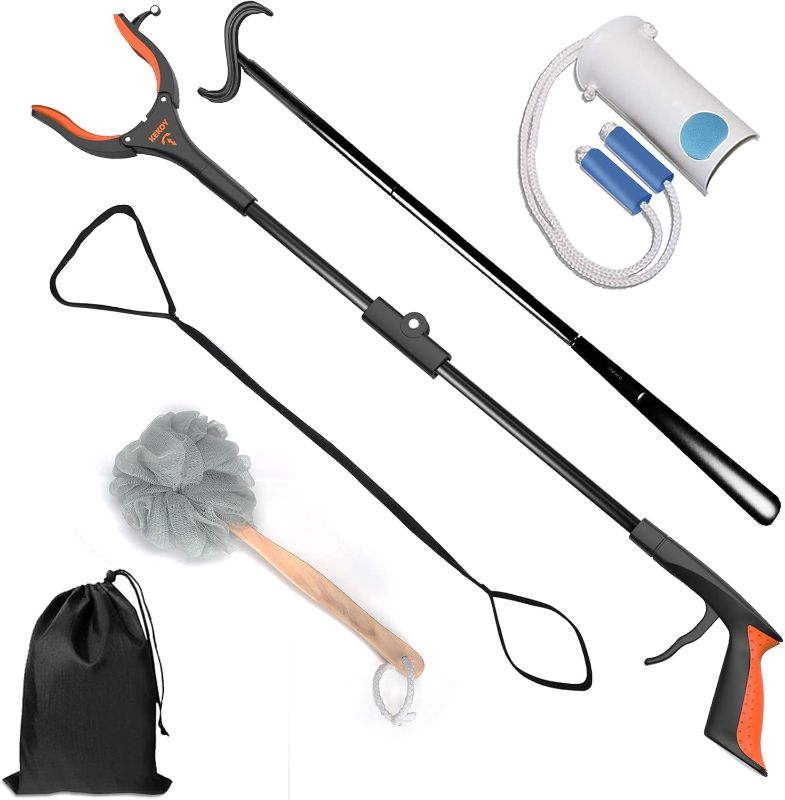 Photo 1 of 6 In 1 Hip Kit, Knee Back Surgery Hip Replacement Recovery Kit With 32" Grabber Reacher Tool,Sock Aid Device for Seniors,Shoe Horn Long Handle & Dressing Stick,Leg Lifter,Bath Sponge,Storage Bag